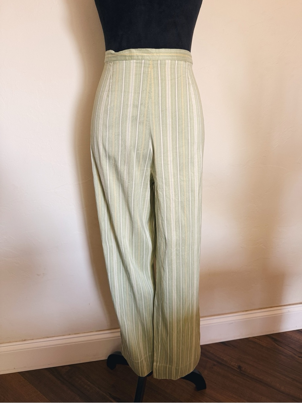 Silk Light Green Stripe Wide-Leg Women's Pants